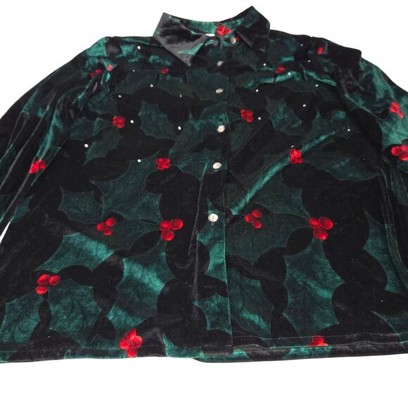 Quacker Factory Holiday Velvet Shirt Womens L Holly Berry Rhinestone Top Festive - Picture 6 of 12